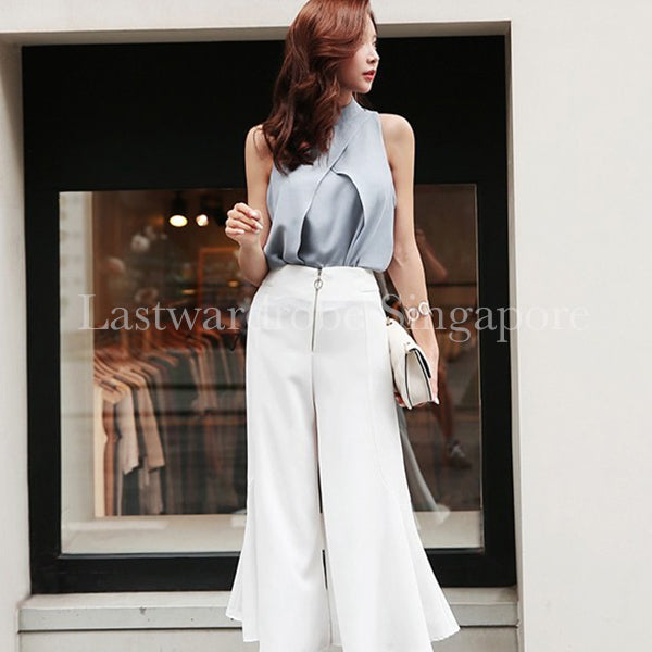 Korean Two Piece Set Sleeveless Top with Flare Pant